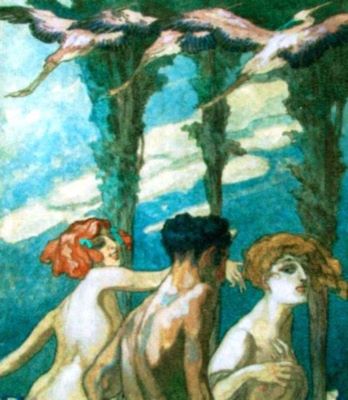 pictură - Bayros, Franz von; Satyr cu nimfe