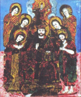 icoană pe sticlă - Emiua și Elisabeta; Iisus împărat - DEISIS