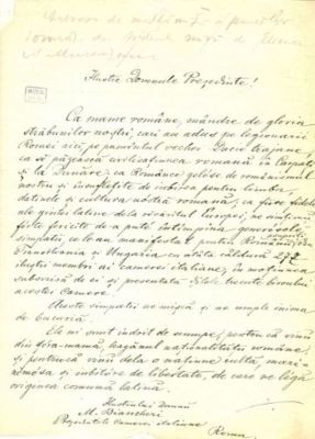 petiție - Mureșianu, A. Aurel; Femeile române din Transilvania și Ungaria către Președintele Camerei Deputaților din Italia