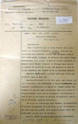 Telegramă trimisă în 10 iunie 1920, de ministrul Ghica de la Legația din Paris, lui Duiliu Zamfirescu, Ministrul Afacerilor Străine