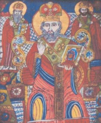 icoană pe sticlă; Sf. Nicolae cu Vasile și Ioan