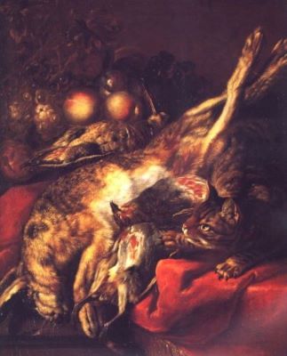 pictură - Schuppen, Jakob van; Natură moartă cu pisică; pandant: Natură moartă cu postament de piatră