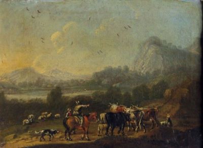 pictură - Kien, Johann Ferdinand; Peisaj cu păstori și țărănci ; pandant: Peisaj cu vite