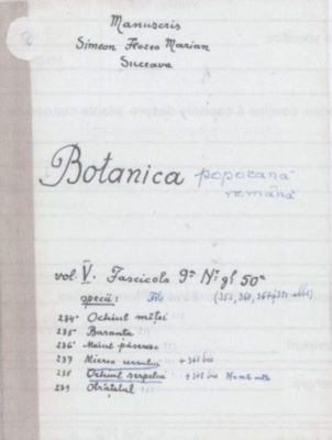 manuscris; Botanica poporană română vol. V, fascicola 9, specii: Ochiul mâței, Baranța, Meiul păsăresc, Mierea ursului, Ochiul Șerpelui