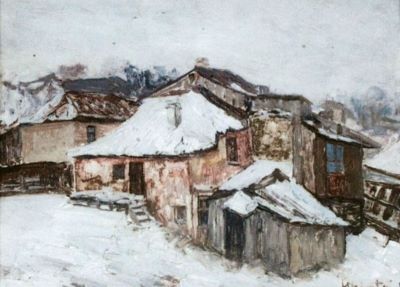 pictură de șevalet - Ghiață, Dumitru; Peisaj de iarnă cu case