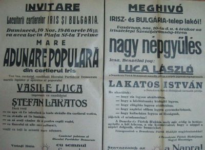 afiș electoral; Invitare la Adunarea Populară din cartierul Iris organizată de către Blocul Partidelor Democrate, 10 nov. 1946
