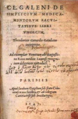 carte - Claudius Galenus; Cl. Galeni De simplicium medicamentorum facultatibus libri undecim