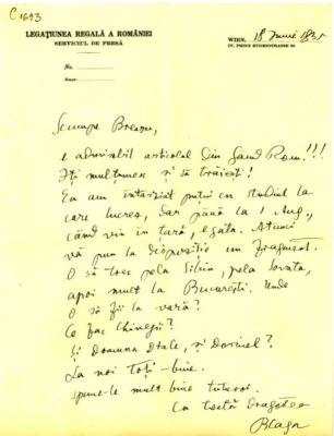 scrisoare - Blaga, Lucian; Blaga îi scrie lui Breazu despre studiul la care lucrează și despre călătoria din vară în țară