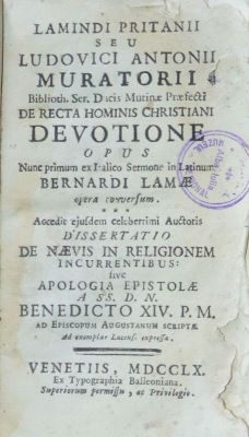 carte veche - Lodovico Antonio Muratori, autor; Lamindi pritanii seu Ludovici Antonii Muratorii De recta hominis christiani devotione opus