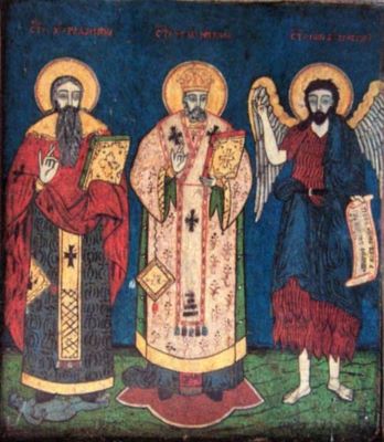 icoană; Sfinții Haralambie, Nicolae și Ioan Botezătorul