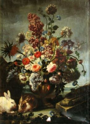 pictură - Tamm, Franz Werner, zis Dapper; Vas cu flori (Buchet de flori cu iepuri de casă)