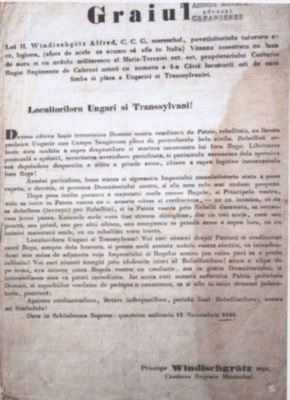 document - Windischgrätz; Apelul mareșalului Windischgrätz către populația din Transilvania și Ungaria