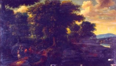 pictură - Brill, Paul; Peisaj de pădure și o doamnă cu șoim