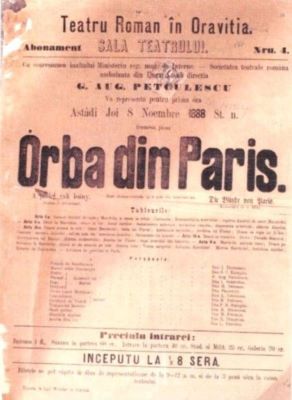 Tipografia Karl Wunder; Afiș al Teatrului Român din Oravița pentru drama-comedia „Orba din Paris”