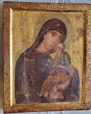 Icoană pe lemn; Maica Domnului cu Pruncul Eleusa