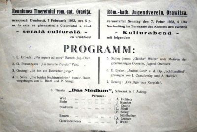 Tipografia E. Desits; Programul spectacolului organizat de Reuniunea Tineretului romano-catolic din Oravița