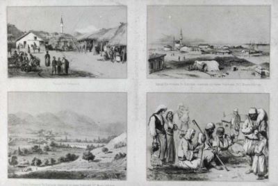 litografie - Münster, A.; Planșă cu patru imagini din războiul ruso-turc 1854