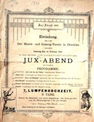 Tipografia C. Kehrer; Afiș al spectacolului sub genericul „Jux-Abend” organizat de Reuniunea de Muzică și Cântări din Oravița