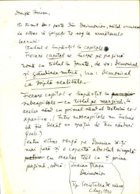 scrisoare - Blaga, Lucian; Blaga îi trimite lui Breazu o parte din „Daimonion” împreună cu indicații de tipărire; face un apel pentru constituirea unui Comitet de intelectuali care să pregătească centenarul Goethe