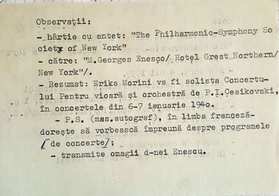 scrisoare - Societatea Filarmonic-Simfonică din New York; Adresă oficială trimisă compozitorului Enescu, George de către „Societatea Filarmonic-Simfonică din New York‟, New York, 4 mai 1939