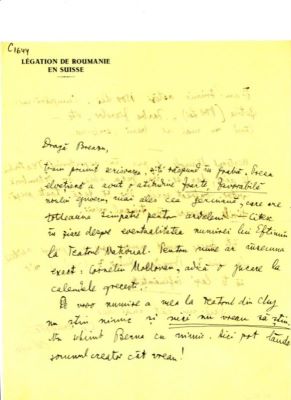 scrisoare - Blaga, Lucian; Blaga îi scrie lui I. Breazu despre simpatia presei elvețiene pt. ardeleni și despre introducerea în repertoriul teatrului din Berna a piesei „Meșterul Manole”