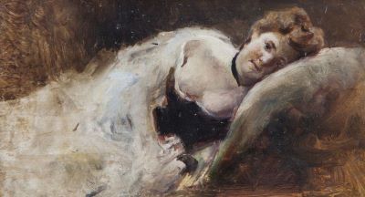 pictură de șevalet - Aman, Theodor; Femeie culcată. Verso, trei eboșe: Țăran cu suman, Studiu pentru Hora de la Aninoasa și Portret de răzeș