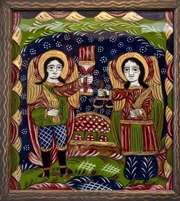 icoană pe sticlă - Deji, Ana; Sf. Arh. Mihail și Gavril