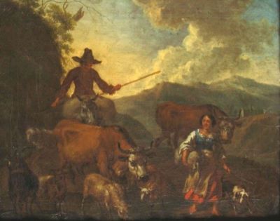 pictură - Berchem, Nicolas (Claes) Pietersz; Peisaj de munte cu vite