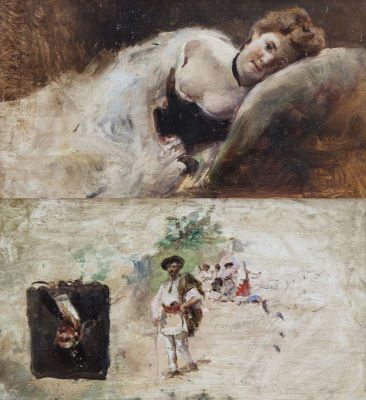 pictură de șevalet - Aman, Theodor; Femeie culcată. Verso, trei eboșe: Țăran cu suman, Studiu pentru Hora de la Aninoasa și Portret de răzeș