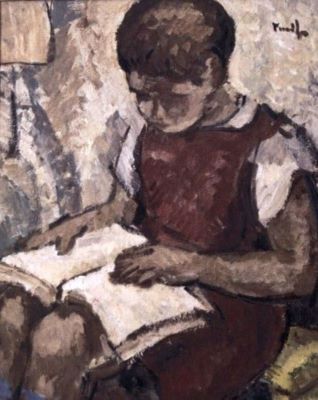 pictură - Tonitza, Nicolae; Copil în roșu citind
