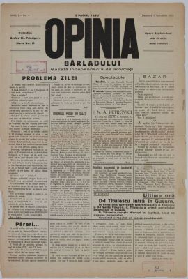 ziar; Opinia Bârladului; anul I, nr. 4, 9 octombrie 1932