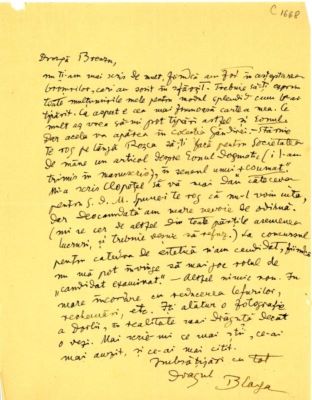 scrisoare - Blaga, Lucian; Blaga îi mulțumește lui Breazu pentru „modul splendid” în care a fost tipărit „Daimonion” și îl roagă să publice în „Societatea de mâine” un articol despre „Eonul dogmatic”