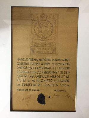 Uniunea Federațiilor Sportive din România; Marele Premiu Național pentru Sport conferit echipei A. Frim – V. Dimitrescu, câștigători ai campionatului mondial de bobsleigh 2 persoane și deținătorii recordului absolut al pistei și al Km lansat la Engelberg (Elveția)
