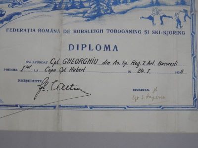 Diplomă acordată de Federația Română de Bobsleigh, Toboganing și Sky-kjoring căpitanului Gheorghiu (premiul I la cupa Hubert)