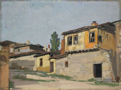 pictură de șevalet - Artachino, Constantin; Casă țărănească / Drum printre case