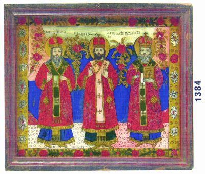 icoană pe sticlă - Matei Țimforea (?); Sfinții trei ierarhi Vasile, Grigore și Ioan