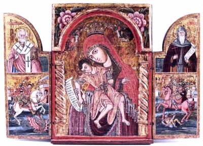 triptic; Maica Domnului cu Pruncul (Eleusa), Sfântul Nicolae, Sfântul Gheorghe, Sfântul Dumitru și Sfântul Antonie