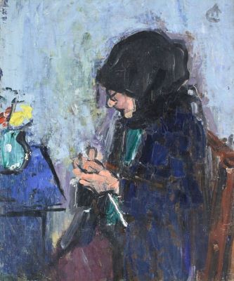 pictură de șevalet - Ciucurencu, Alexandru; Băbuță tricotând / Muncă