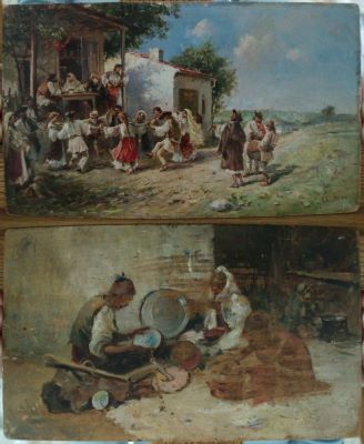 pictură de șevalet - Aman, Theodor; Joc la țară / verso: Schiță pentru ”Doi țigani spoitori”