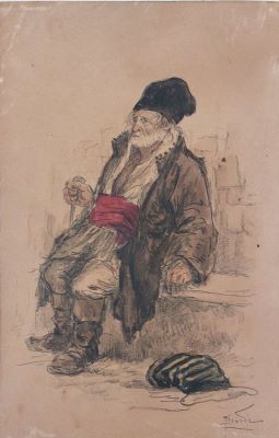 acuarelă - Jiquidi, Constantin; Țăran șezând