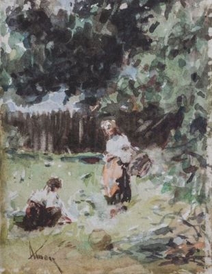 acuarelă - Aman, Theodor; La culesul fragilor