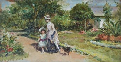 pictură de șevalet - Aman, Theodor; Mama cu fetița/Grădină (verso)