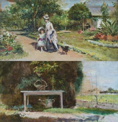 pictură de șevalet - Aman, Theodor; Mama cu fetița/Grădină (verso)