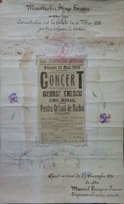 afiș muzical - Rațiu; Afiș al concertului susținut de George Enescu și Emil Mihail pentru orfanii de război la Sala Teatrului Central din Galați în data de 11 mai 1918