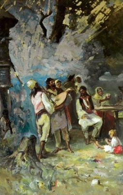 pictură de șevalet - Aman, Theodor; Țărani petrecând cu lăutari/Interior atelier (verso)
