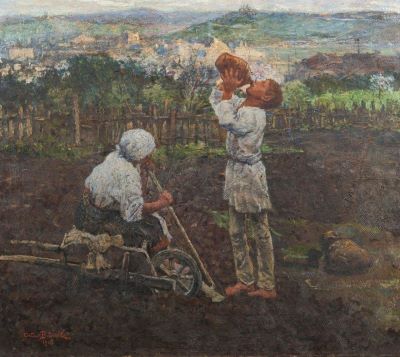 pictură de șevalet - Băncilă, Octav; La munca câmpului. Dimineața la sapă