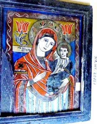 icoană pe sticlă - anonim; Maria cu Pruncul