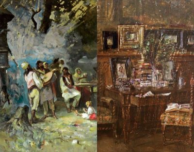pictură de șevalet - Aman, Theodor; Țărani petrecând cu lăutari/Interior atelier (verso)