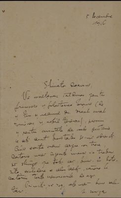 corespondență - Documentul a fost redactat de Nicolae Iorga.; Scrisoare, datată 5 decembrie 1916, adresată de Nicolae Iorga doamnei Ana Conta-Kernbach.