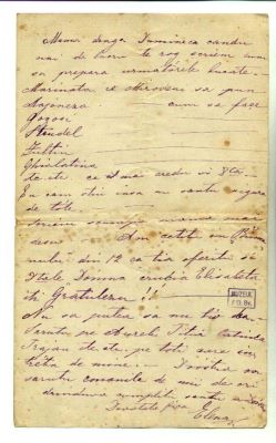 scrisoare - Groza, Elena; Groza Elena către Mureșianu Sevastia